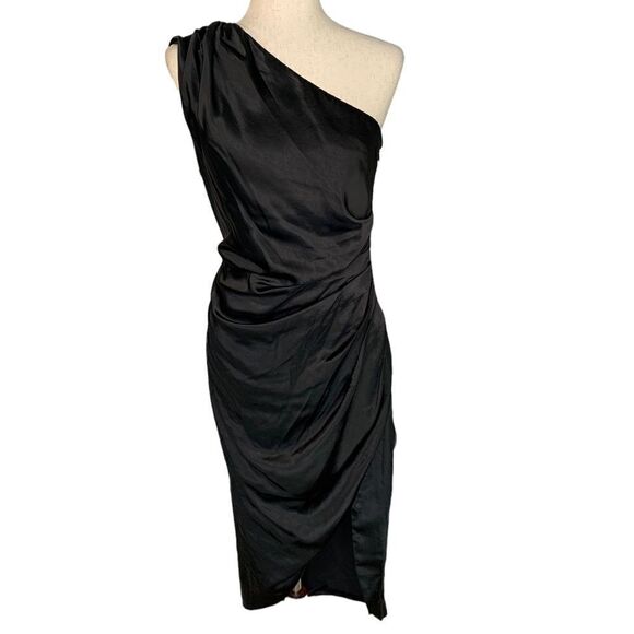 Elliatt Cassini Black One Shoulder Satin Midi Cocktail Dress | Size M - Picture 3 of 9